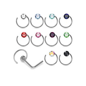 Assortment of rhinestone colors for 925 sterling silver jeweled bezel hoop L-shape nose studs including clear, aqua, sapphire blue, pink, red, green, AB, and black.