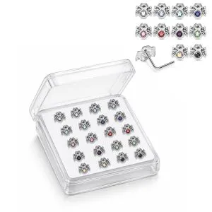 925 Sterling Silver Jeweled Bowknot L-Bend Nose Stud Box (20 Pieces)