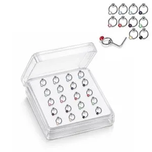 925 Sterling Silver Jeweled Captive Bead Dangle L-Bend Nose Stud Box (20 Pieces)