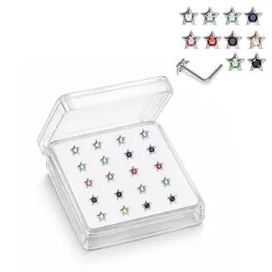 Professional wholesale display box of 925 sterling silver mini star rhinestone L-shape nose studs in assorted colors.