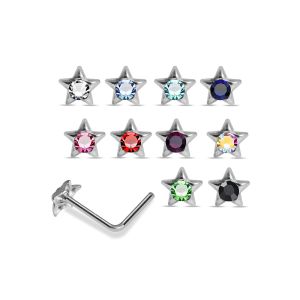 Assortment of rhinestone colors for 925 sterling silver mini star L-shape nose studs including clear, aqua, sapphire blue, pink, red, green, AB, and black.