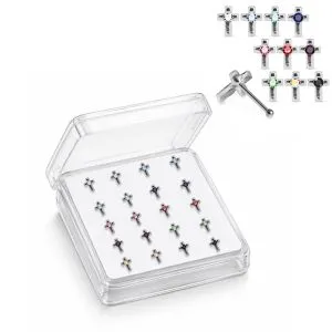 925 Sterling Silver Jeweled Classic Cross Ball End Nose Stud Box (20pcs/40pcs)