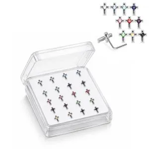 925 Sterling Silver Jeweled Classic Cross L-Bend Nose Stud Box (20 Pieces)