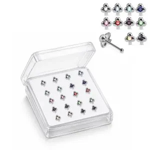 Professional wholesale display box of 925 sterling silver jeweled clover rhinestone ball end nose studs in assorted colors.