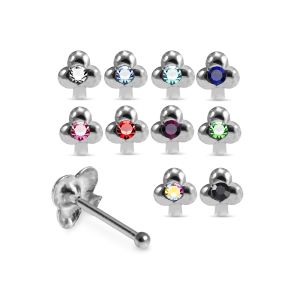 Assortment of rhinestone colors for 925 sterling silver jeweled clover ball end nose studs including clear, aqua, sapphire blue, pink, red, green, AB, and black.