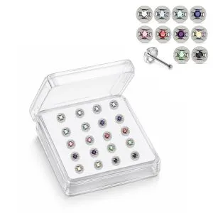 Professional wholesale display box of 925 sterling silver jeweled concave rhinestone ball end nose studs in assorted colors.