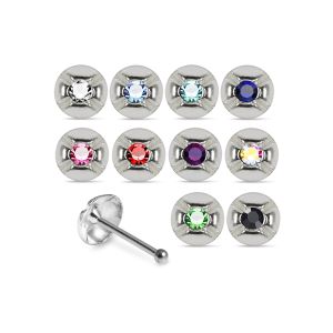Assortment of rhinestone colors for 925 sterling silver jeweled concave ball end nose studs including clear, aqua, sapphire blue, pink, red, green, AB, and black.