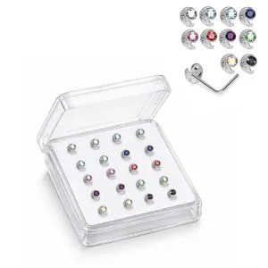 925 Sterling Silver Jeweled Crescent Moon L-Bend Nose Stud Box (20 Pieces)