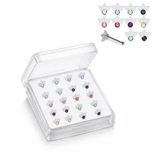 Professional wholesale display box of 925 sterling silver jeweled crown frame rhinestone ball end nose studs in assorted colors.