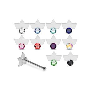 Assortment of rhinestone colors for 925 sterling silver jeweled crown frame ball end nose studs including clear, aqua, sapphire blue, pink, red, green, AB, and black.