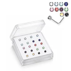925 Sterling Silver Jeweled Cup Prong L-Bend Nose Stud Box (20 Pieces)