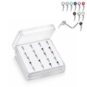 Professional wholesale display box of 925 sterling silver jeweled curvy drop rhinestone L-bend nose studs in assorted colors.
