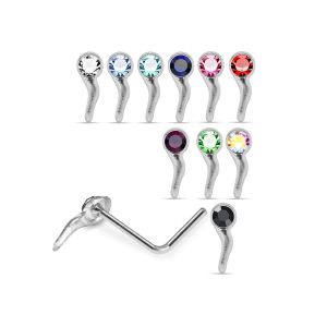 Assortment of rhinestone colors for 925 sterling silver jeweled curvy drop L-bend nose studs including clear, aqua, sapphire blue, pink, red, green, AB, and black.