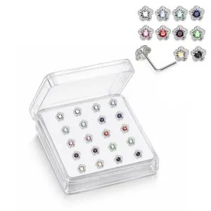 925 Sterling Silver Jeweled Daisy L-Bend Nose Stud Box (20 Pieces)