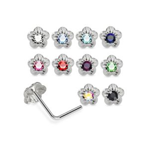 925 Sterling Silver Jeweled Daisy L-Bend Nose Stud Box (20 Pieces)