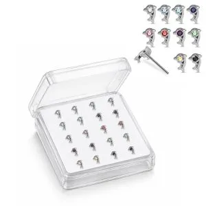Professional wholesale display box of Sterling Silver dolphin rhinestone nose studs in assorted rhinestone colors.
