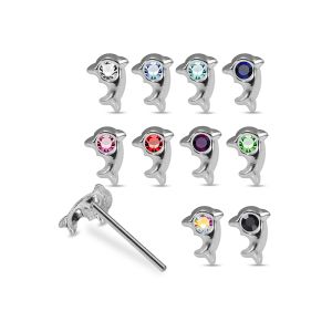 Assorted rhinestone dolphin nose studs in multiple colors including blue, pink, red, green, and aurora borealis.