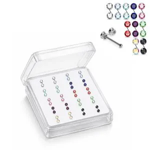 Professional wholesale display box of 925 sterling silver jeweled double bezel rhinestone ball end nose studs in assorted colors.