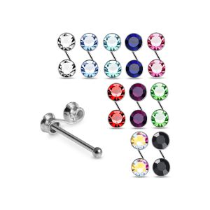 Assortment of rhinestone colors for 925 sterling silver jeweled double bezel ball end nose studs including clear, aqua, sapphire blue, pink, red, green, AB, and black.