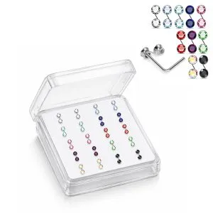 925 Sterling Silver Jeweled Double Bezel L-Bend Nose Stud Box (20 Pieces)