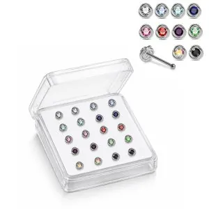 Professional wholesale display box of 925 sterling silver bezel-set round rhinestone nose screw studs in assorted colors.