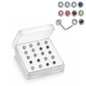 Professional wholesale display box of 925 sterling silver bezel-set round rhinestone L-bend nose studs in assorted colors.