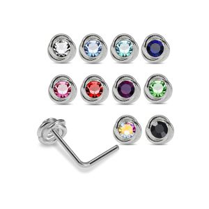 Technical diagram of 925 sterling silver bezel-set round rhinestone L-bend nose stud showing 22 gauge thickness, bend length, and stone size.