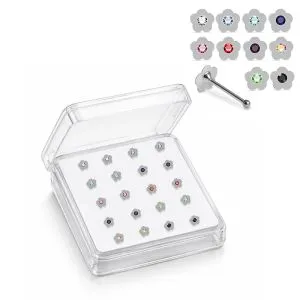 Professional wholesale display box of 925 sterling silver flower rhinestone nose bone studs in assorted rhinestone colors.