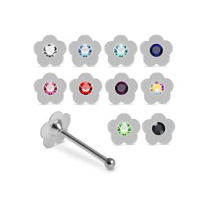 Assorted rhinestone flower nose bone studs in 925 sterling silver featuring multiple colors including blue, pink, red, green, black, and aurora borealis.