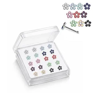 Professional wholesale display box of 925 sterling silver flower rhinestone nose bone studs in assorted colors.