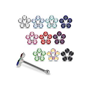 Assortment of rhinestone colors for 925 sterling silver flower nose bone studs including clear, aqua, sapphire blue, pink, red, green, AB, and black.
