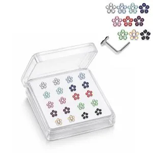Professional wholesale display box of 925 sterling silver flower rhinestone L-shape nose studs in assorted colors.