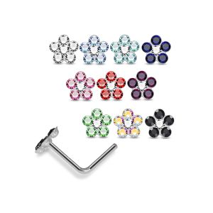 Assortment of rhinestone colors for 925 sterling silver flower L-shape nose studs including clear, aqua, sapphire blue, pink, red, green, AB, and black.