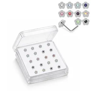 Professional wholesale display box of 925 sterling silver flower rhinestone L-bend nose studs in assorted rhinestone colors.