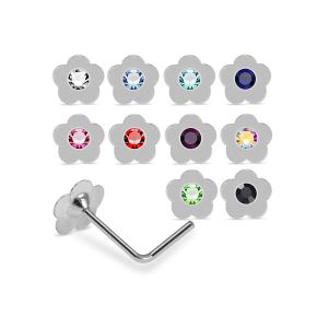 Assorted rhinestone flower L-bend nose studs in 925 sterling silver featuring multiple colors including blue, pink, red, green, black, and aurora borealis.