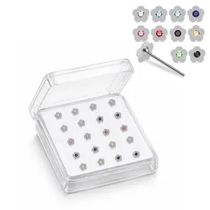 Professional wholesale display box of 925 sterling silver flower rhinestone nose studs in assorted rhinestone colors.