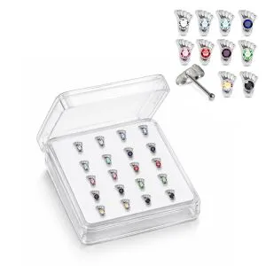 925 Sterling Silver Jeweled Footprint Ball End Nose Stud Box (20pcs/40pcs)