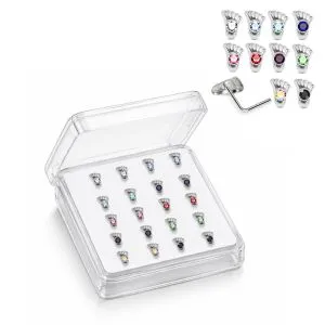 925 Sterling Silver Jeweled Footprint L-Bend Nose Stud Box (20 Pieces)