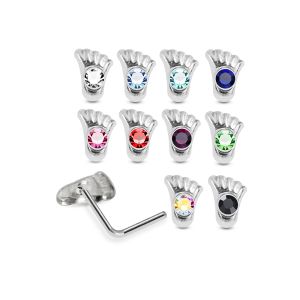 925 Sterling Silver Jeweled Footprint L-Bend Nose Stud Box (20 Pieces)