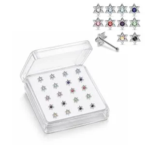 Professional wholesale display box of 925 sterling silver star rhinestone nose studs in assorted rhinestone colors.