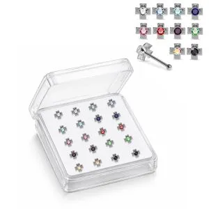 Professional wholesale display box of 925 sterling silver bezel-set round rhinestone nose pins in assorted colors.