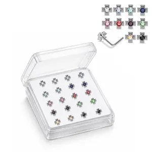 Professional wholesale display box of 925 sterling silver cross rhinestone L-bend nose studs in assorted colors.
