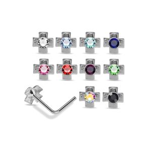 Assorted cross rhinestone L-bend nose studs in 925 sterling silver featuring multiple colors including blue, pink, red, green, black, and aurora borealis.