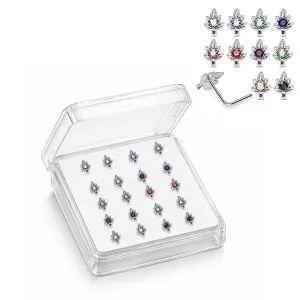 925 Sterling Silver Jeweled Leaf L-Bend Nose Stud Box (20 Pieces)
