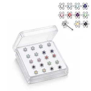 Professional wholesale display box of 925 sterling silver jeweled loop flower rhinestone ball end nose studs in assorted colors.