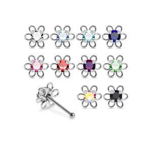 Technical close-up of a 925 sterling silver jeweled loop flower rhinestone ball end nose stud showing 22 gauge (0.6mm) thickness, 4mm top size, and 2mm center stone.