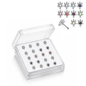 Professional wholesale display box of 925 sterling silver jeweled maple leaf rhinestone ball end nose studs in assorted colors.