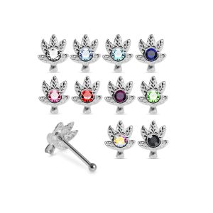 Assortment of rhinestone colors for 925 sterling silver jeweled maple leaf ball end nose studs including clear, aqua, sapphire blue, pink, red, green, AB, and black.