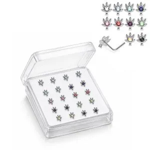 925 Sterling Silver Jeweled Maple Leaf L-Bend Nose Stud Box (20 Pieces)