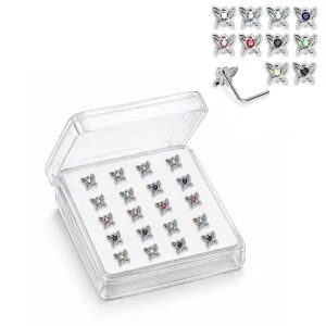925 Sterling Silver Jeweled Mini Butterfly L-Bend Nose Stud Box (20 Pieces)